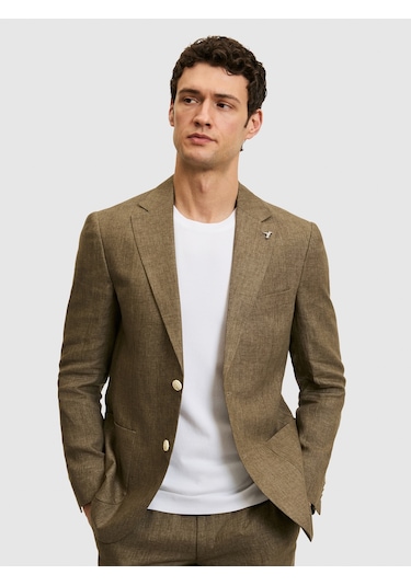 Cacharel Haki Slim Fit %100 Keten Mikro Desen Mono Yaka Ceket Yesıl