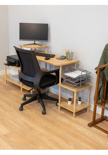 Çalışma Masası 5 Raflı Ahşap Ayaklı Dekoratif Modern Bilgisayar Ofis Masası - Safir Meşe-köşe Çalışma Masası 5 Raflı Ahşap Ayaklı Dekoratif Modern Bilgisayar Ofis Masası - Safir Meşe-köşe