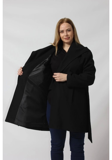 Moda Berray Kuşaklı Yandan Bağlama Detaylı Kapüşonlu Kaşe Kaban Siyah