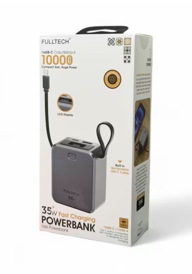Mini Pd 35watt 10.000mah Lcd Göstergeli Usb-c , Usb Giriş Dahili Usb-c Kablolu Powerbank siyah