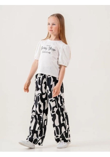 Kız Çocuk Pamuklu Desenli Pantolonlu Takım-15882 Beyaz