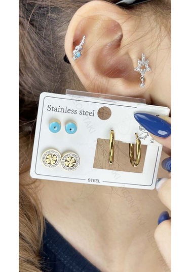 Çoklu Küpe, Göz, Yonca, Halka, Paslanmaz Çelik Küpe 94, Altın Renk Altın