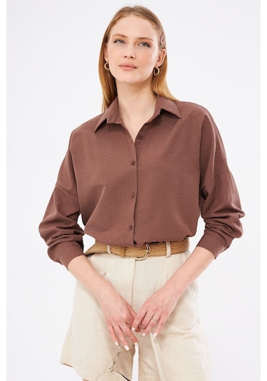 Armonika Kadın Kahve Oversize Uzun Basic Gömlek Arm-22y001118
