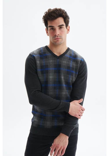 Arma Erkek Slim Fit Likralı Akrilik Kumaş V Yaka Kareli Kazak K0kro0860 Gri