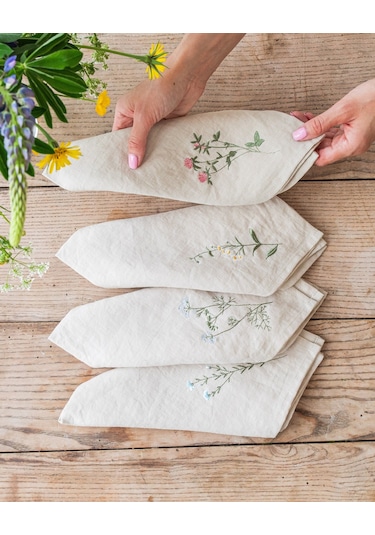 4'lü Kır Çiçeği İşlemeli Peçete Seti, Doğal Keten Peçeteler Naturel