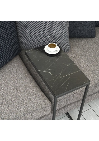 Callen Siyah Mermer Yan Sehpa & Tekerlekli Servis Sehpası Metal