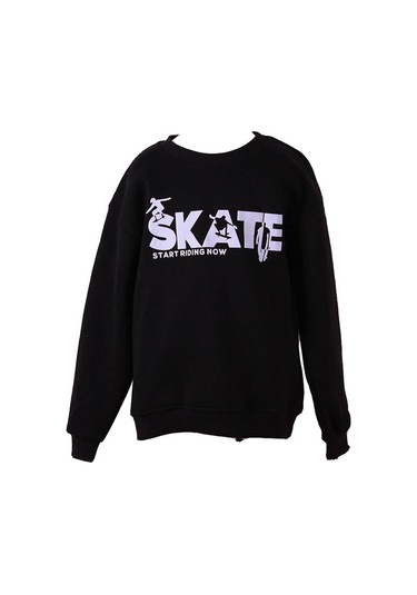 Trender Siyah Erkek Çocuk Sweatshirt 3 İp Şardonlu Skate Baskı SIYAH