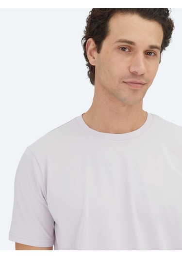 Kip Lila Düz Bisiklet Yaka Pamuk Karışımlı T-shirt Lila