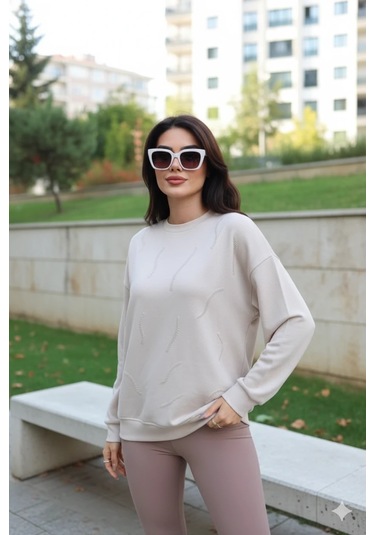 Cemo Günlük Uzun Kollu Bisiklet Yaka Basic Bluz/sweatshirt Bej