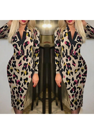 Kadın Uzun Kollu V Yaka Puantiyeli Krep Midi Boy Elbise Leopar