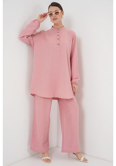 Bigdart 6678 Keten Tunik Pantolon İkili Takım - Pembe