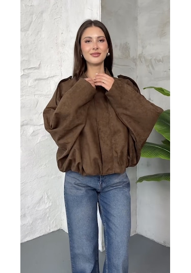Prifaldi Premium Oversize Süet Bomber Ceket Kahverengı