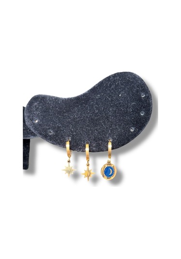 Ay Yıldız Altın Rengi Üçlü Çelik Küpe Sarı