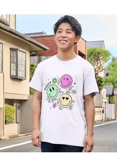 Gülücüklü Tişört Happy Face T-shirt Smile Tişört Beyaz Çocuk Ve Yetişkin T-shirt Beyaz