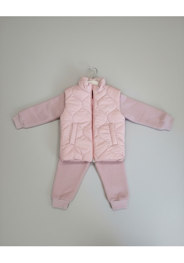 Yelekli Kız Çocuk 3'lü Takım Pembe
