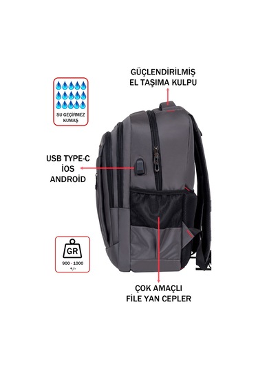 Dada 05 Gri Laptop Sırt Çantası 14-15,6 İnç Usb Aparat Ortopedik Sırt Darbe Emici Koruma