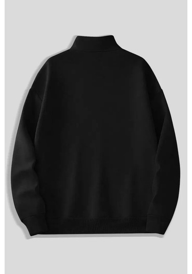 Siyah Fermuarlı Dikyaka Sweatshirt- Minik Kedi - Kışık Şardonlu Kumaş Siyah