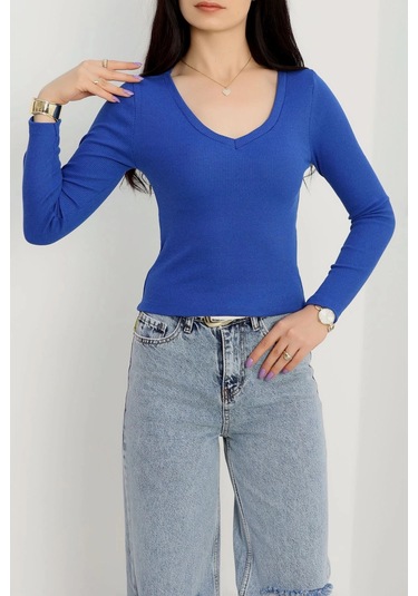 V Yaka Kaşkorse Bluz Saks Mavisi A3699 Saks