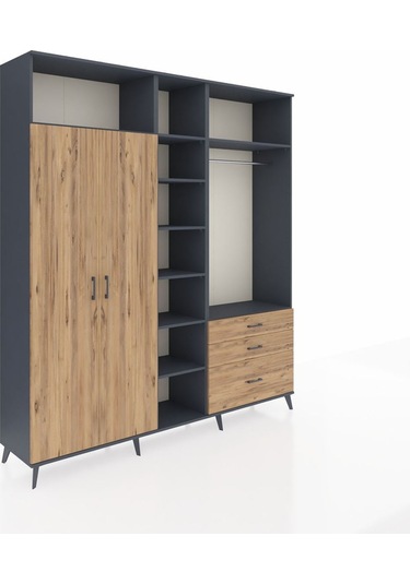 Hyperion Dolap 9 Raflı 3 Çekmeceli 2 Askılı 220x44x243 Antrasit-çam/çam Atlas Çam/atlas Çam