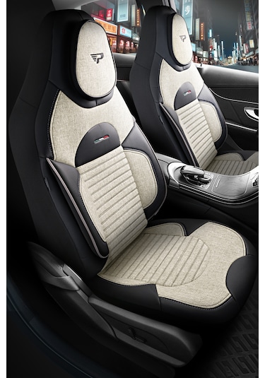 Kemik - Siyah Garni Panda Enzo Serisi Keten Kumaş Oto Koltuk Kılıfı - Tam Set