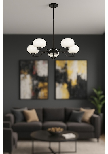 Vanna 5 Li Beyaz Camlı Salon Oturma Odası Modern Sarkıt Avize - Siyah Siyah