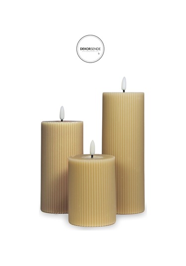 Çizgili Pilli Kütük Mum Bej 10 Cm Bej