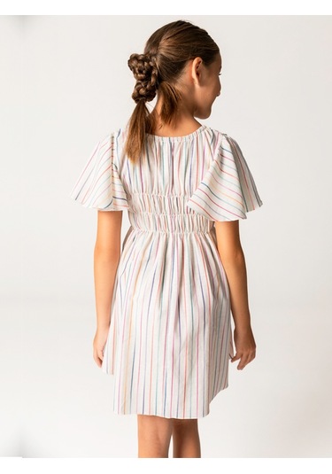 Sheshe Yarım Kollu Çizgili Pamuklu Kız Çocuk Elbise Renkli