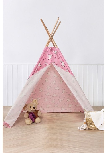 Çocuk Oyun Çadırı Ahşap Direkli Geniş Oyun Evi 150x150x200 Cm Pembe