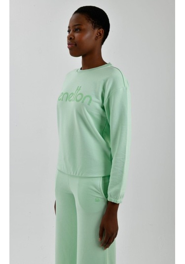 Kadın Önü Logo Baskılı Bisiklet Yaka Sweatshirt Mint