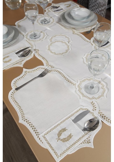 Nişan Keten Nakışlı Amerikan Servis Takımı 19 Parça Gold Gold