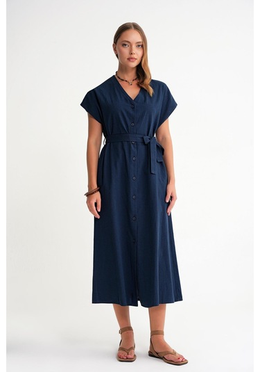 4721 Kadın V Yaka Düğme Detaylı Keten Elbise Lacivert Lacivert