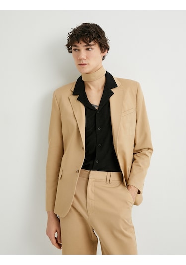 Koton Keten Ceket Blazer Slim Fit Düğmeli Cep Detaylı Bej 4sam50038hw Ekru