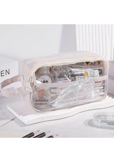 Tuomeng Büyük Kapasiteli Leke Tutmaz Kalem Kutusu Öğrenci Basit Tarzı Şeffaf Kalem Kutusu Beyaz