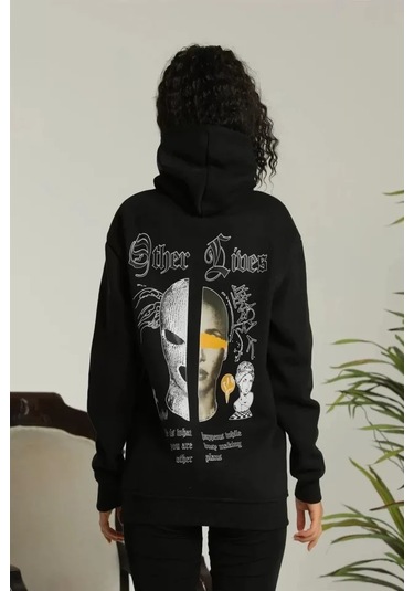 Tua Moda Sırt Baskılı Oversize Üç İplik Kapüşonlu Sweatshirt - Siyah Siyah