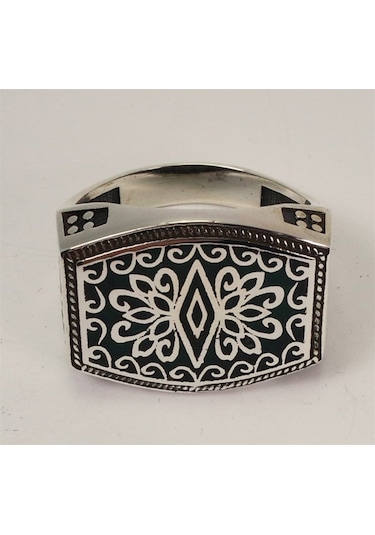 Otantik Selçuklu Motifli Yeşil Mineli Erkek Gümüş Yüzük