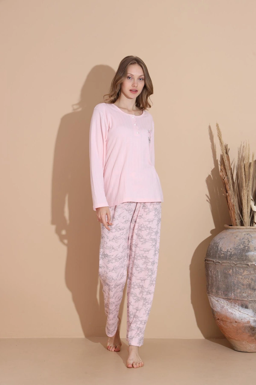 Lindros Kadın Pamuk'lu Düğme Yaka Raporlu İnterlok Kışlık Pijama Takımı 05033 - 1 Adet Pembe