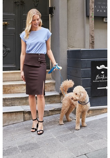 Kadın Yüksek Bel Düğme Detaylı Yırtmaçlı Diz Altı Hafif Likralı Kumaş Kalem Etek-kahve Kahve