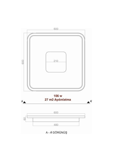 Ledli Tavan Tipi Plafonier Orta Işıklı Led Avize 60x60cm Siyah - Sarı