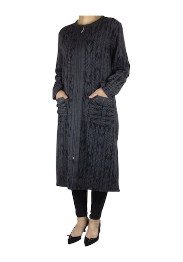 Kadın Önü Fermuarlı Üstten Cepli Kalın Kap Siyah