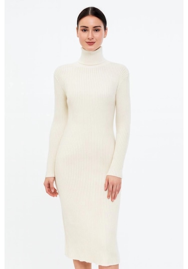 Kadın Boğazlı Triko Elbise Uzun Fitilli Esnek Dokuma, Tam Kalıp, Kışlık & Baharlık Şık Rahat Stil, Beyaz