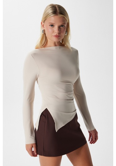 Kadın Most Poliamid Asimetrik Bej Uzun Kol Bluz Bej
