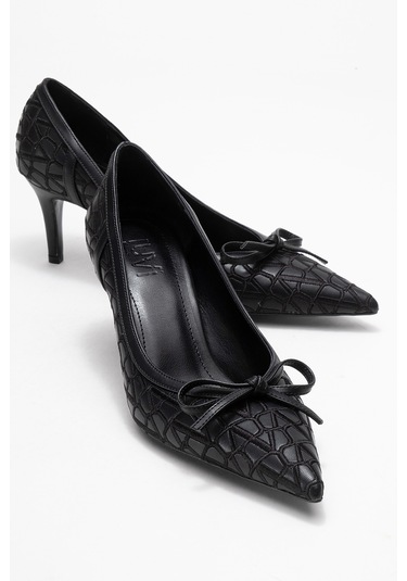 Camden Siyah Desenli Fiyonklu Kadın Topuklu Ayakkabı Siyah