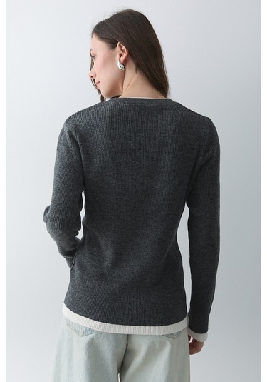 Antrasit - Krem 2 Patlı Düğmeli Kazak - 251023 Antrasit