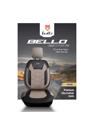 Bej - Siyah Butti Bello Serisi Keten Kumaş Premium Oto Koltuk Kılıfı Ortopedik Destekli, Ön Arka Tam Set