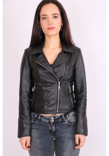 Siyah Hakiki Deri Yakalı Asimetrik Fermuarlı Spor Kısa Mont