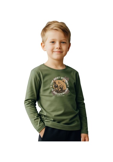 Düz Yuvarlak Yaka Bearr Baskı Detaylı Erkek Çocuk Sweatshirt Haki