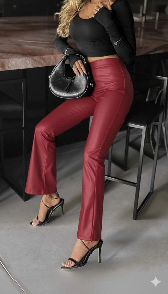Tua Moda Kadın Yüksek Bel Paçaya Doğru Geniş Deri Pantolon Bordo