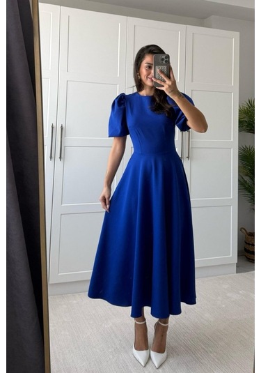 Kadın Kısa Balon Kollu Bisiklet Yaka Geniş Kesim Janjan Krep Elbise Saks Mavi