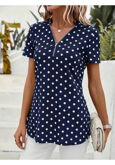 Modasize Kadın Kısa Kollu Yakadan Fermuarlı Puantiyeli Uzun Dokuma Viskon Bluz Lacivert