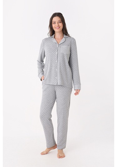 Nbb Kadın Gri Önden Düğmeli Pijama Takım Gri